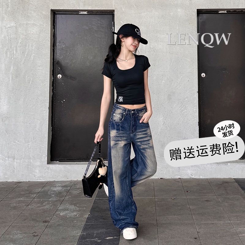 Lenqw~ American-Style Low-Waist Scimitar-Cut Wide-Leg Jeans for Women, 2026 Summer Thin Loose Versatile Straight-Leg Floor-Length Pants