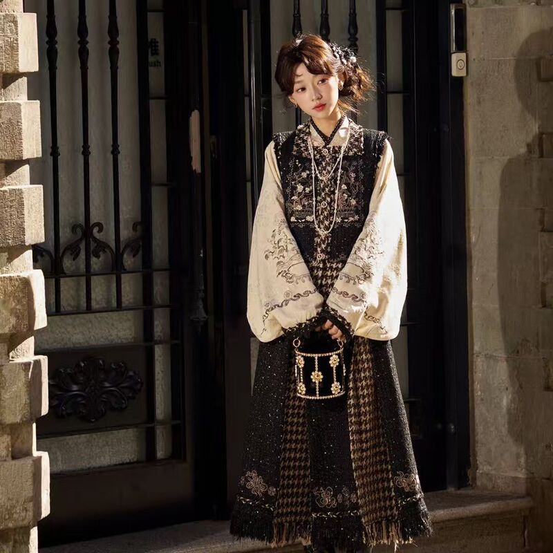Thirteen Years Old Little Maiden [Golden Ink Pine Smoke] Improved Three-Pleated Skirt with Collar Shirt in Little Chanel Style with Chinese Elements Set