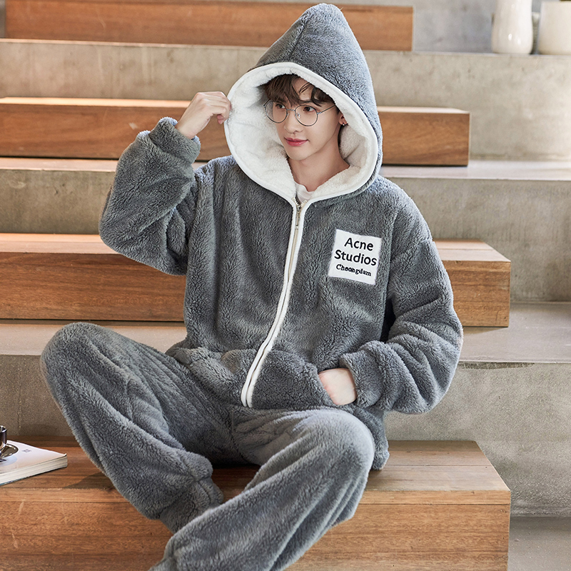 Pajamas for Men and Teenagers, Autumn and Winter Coral Velvet Hooded Simple Home Clothes Set, Flannel Plus Velvet and Thickened for Students