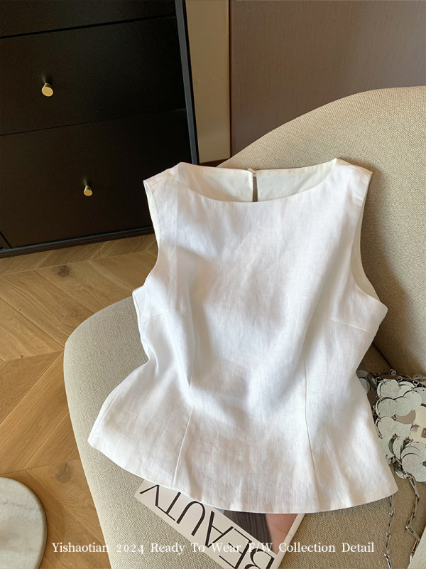 Guangzhou Thirteen Rows High-Quality Popular Item~ French-Style Linen White Sleeveless Vest for Women, Summer Outerwear, Waist-Cinching, Elegant Top Guangzhou Thirteen Rows High-Quality Popular Item~ French-Style Linen White Sleeveless Vest for Women, Summer Outerwear, Waist-Cinching, Elegant Top