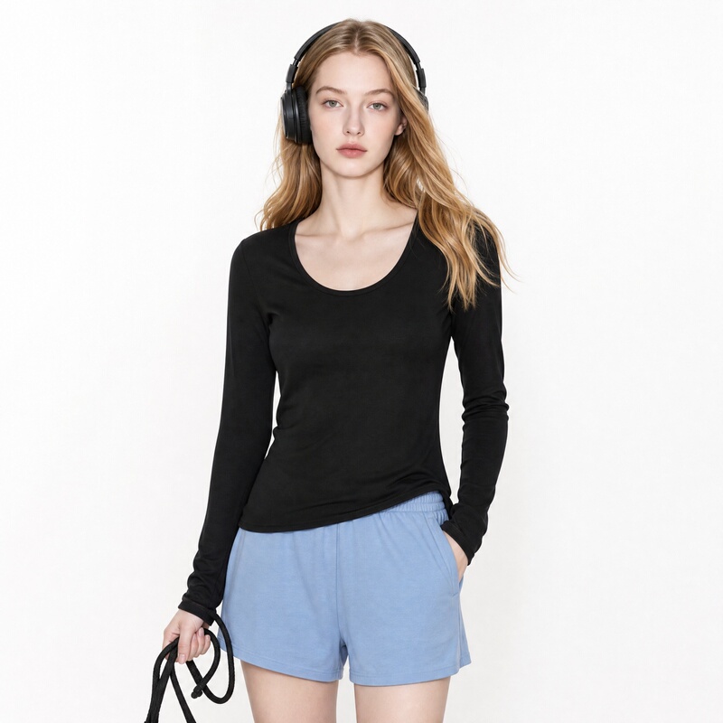 Minimalist Style Tencel Wool Slim-Fit Long-Sleeve T-Shirt for Women, Black Versatile Slim-Fit Slimming Base Shirt Basic Top Minimalist Style Tencel Wool Slim-Fit Long-Sleeve T-Shirt for Women, Black Versatile Slim-Fit Slimming Base Shirt Basic Top