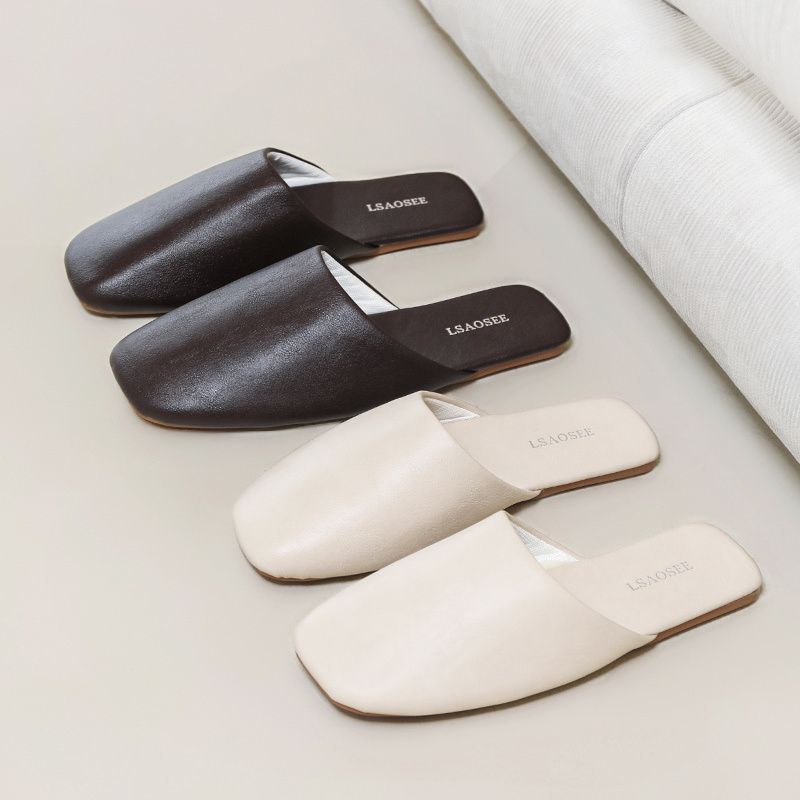 Cloud-Like High-End Leather Slippers for Couples, Simple Pu Women's Slippers with Rubber Soles, Silent, Fashionable, for Home, Living Room, Model House, All Seasons