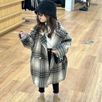 Girls woolen coat with cotton 2024 spring and autumn new winter clothing childrens medium and long Korean style thickened cotton coat trendy