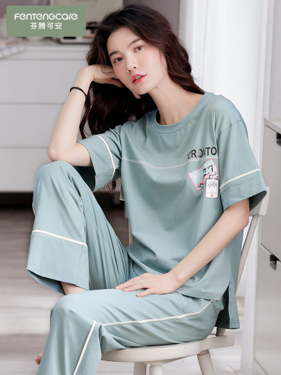 睡衣女款夏季2025新款纯棉薄款宽松家居服短袖长裤休闲可外穿套装