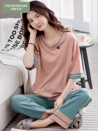 睡衣女款夏季2025新款纯棉薄款宽松家居服短袖长裤休闲可外穿套装
