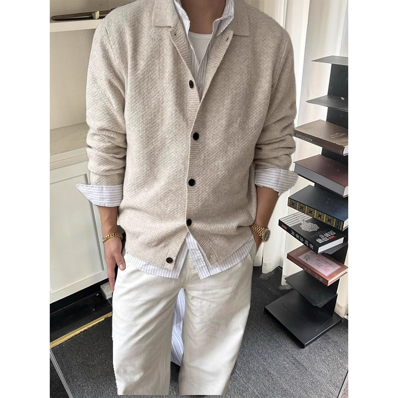 Old Money Style Autumn and Winter High-End Design Patchwork Lapel Button Knit Cardigan Men's Simple Sweater Jacket
