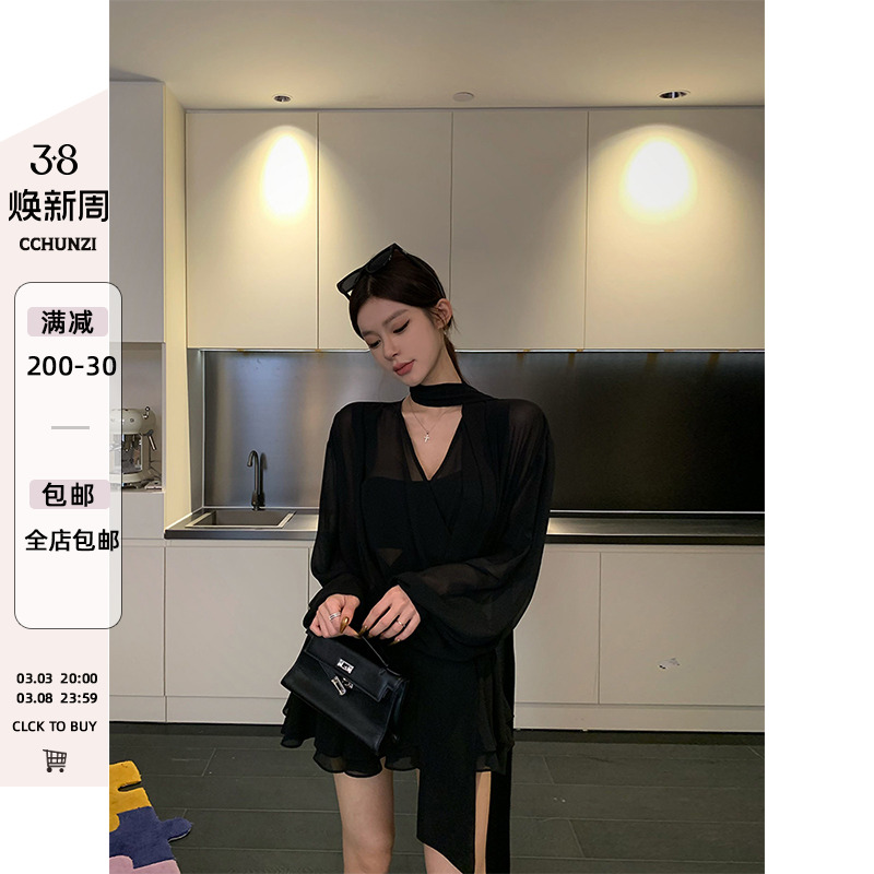cchun 純Vネック黒ドレス女性夏2025新作レトロショートプリーツスマッジシフォンスカート