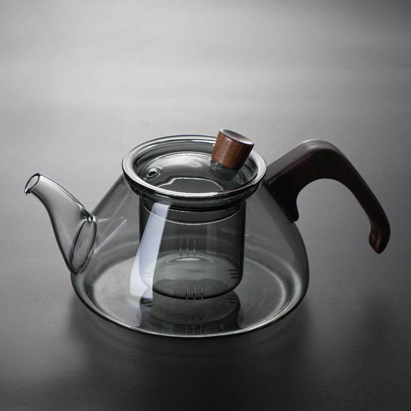 Japanese-Style High Borosilicate High-Temperature Resistant Teapot, Yunxi Teapot in Smoky Gray Transparent Color with Walnut Wood Handle