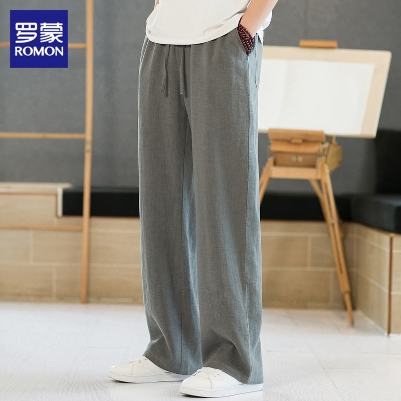 Romon High-End Linen Pants for Men, Summer Thin Loose Straight-Leg Pants, Cotton-Linen Drape Wide-Leg Casual Long Pants for Men