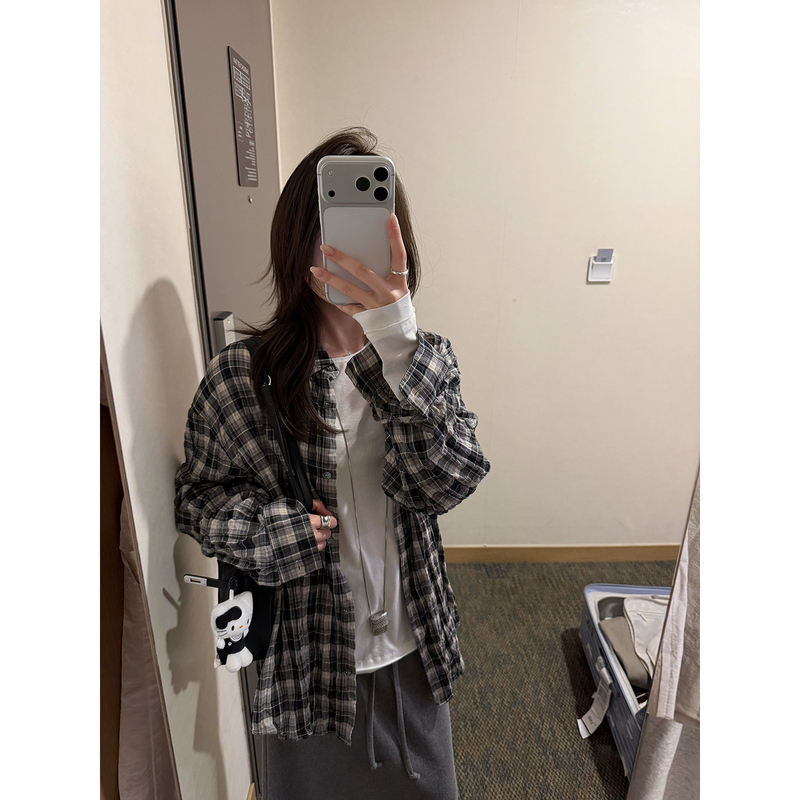 Chooan_ Pleated Texture Relaxed Plaid Long-Sleeve Shirt Jacket for Women, Early Autumn Loose Layering Top