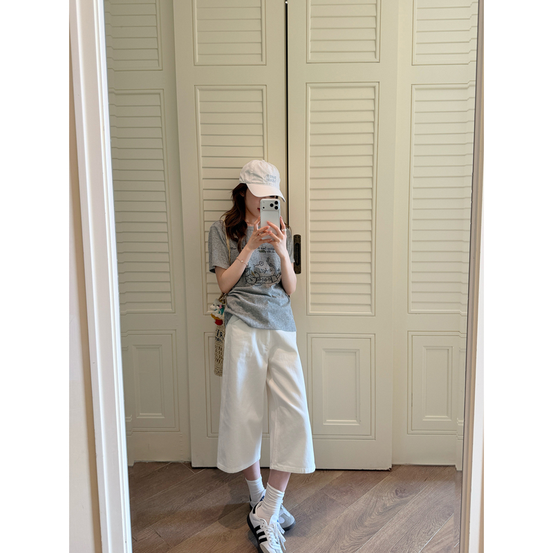 Chooouan_ First Pair of Cropped Pants, Pre-Washed, Fashionable Small A-Line Straight Cropped Pants, Casual Mid-Length Pants for Women
