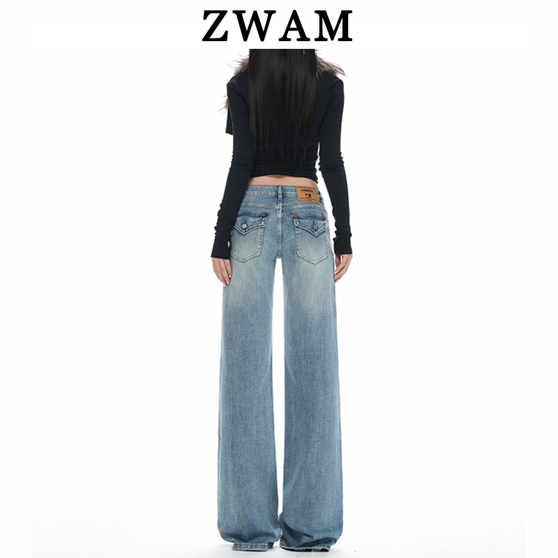 Zwam Light Blue Low-Waist Flared Jeans with Orange Lines for Women, 2026 Autumn New Style, Slimming Distressed Bell-Bottom Pants Zwam Light Blue Low-Waist Flared Jeans with Orange Lines for Women, 2026 Autumn New Style, Slimming Distressed Bell-Bottom Pants