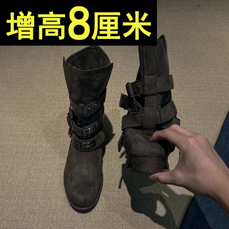 8cm Height-Increasing Mid-Calf Boots for Petite Women, 2026 New Model, Studded Riding Boots with Belt Buckle, Chunky Heel Motorcycle Boots 8cm Height-Increasing Mid-Calf Boots for Petite Women, 2026 New Model, Studded Riding Boots with Belt Buckle, Chunky Heel Motorcycle Boots
