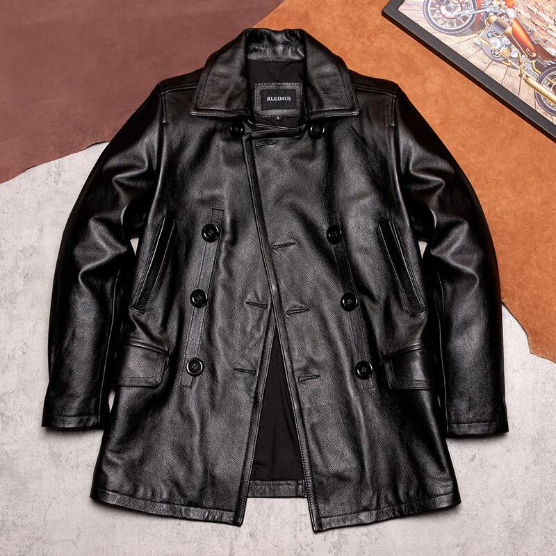 Genuine Leather Large Size Double-Breasted Men's Mid-Length Trench Coat with Suit Collar, Business Casual Slim-Fit Leather Jacket Genuine Leather Large Size Double-Breasted Men's Mid-Length Trench Coat with Suit Collar, Business Casual Slim-Fit Leather Jacket
