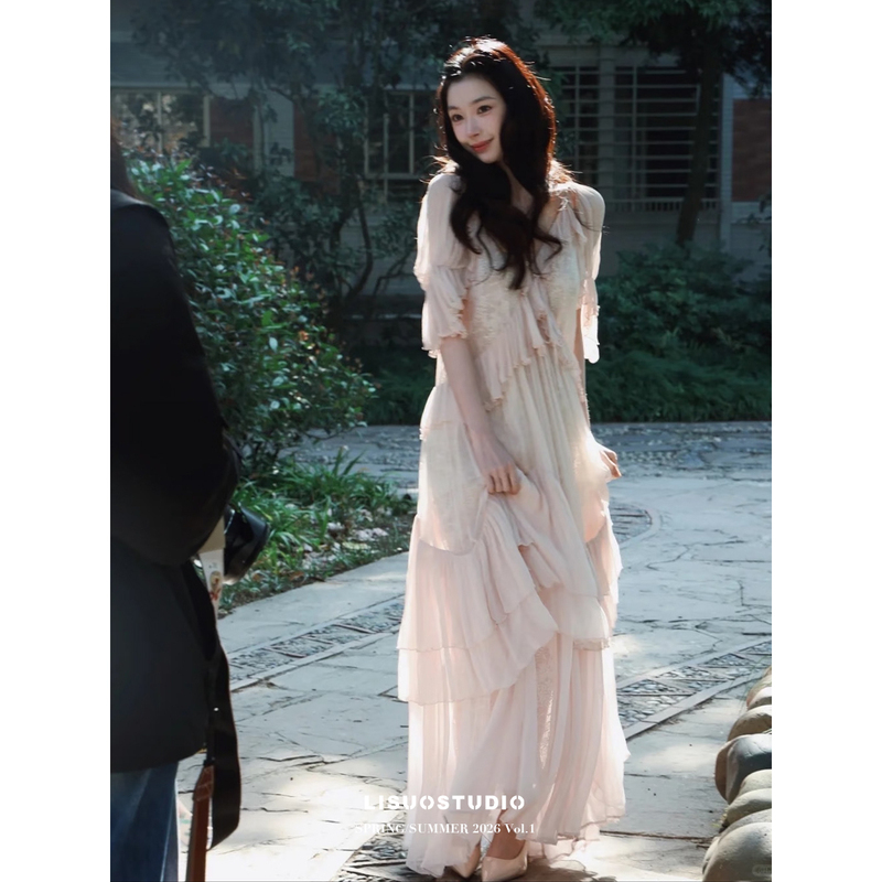 Lisuo Yimengling Style Dress French Retro Lace-Up V-Neck Ruffled Lace Puff Sleeve Dress for Women
