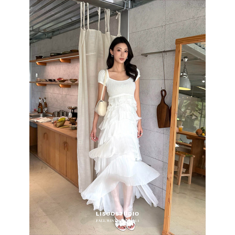 Lisuo Heavy-Duty Formal Dress with Holiday Style, Beaded Layered Ruffles, Layered Knit, Elegant Slim-Fit Patchwork Dress