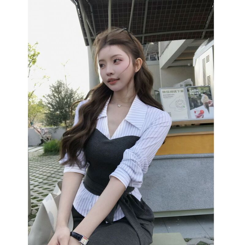 Sza【Misty Girl】Spring New Style High-End Striped Fake Two-Piece Spliced Long-Sleeved Shirt A-2706