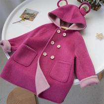 Strawberry Bear Double-Sided Wool Coat Childrens Cartoon Hooded Woolen Girls Mid-Length Rose Red