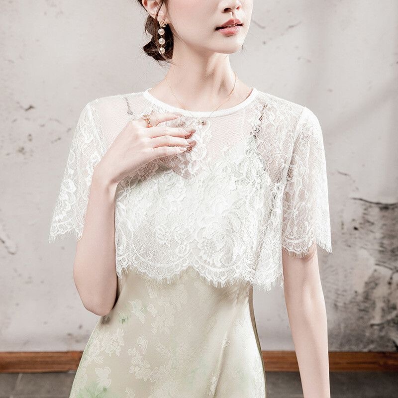 Lace Blouse Women's Short-Sleeved 2026 Summer New Thin Sleeveless Inner Wear Short Round Neck Lace Half Top Lace Blouse Women's Short-Sleeved 2026 Summer New Thin Sleeveless Inner Wear Short Round Neck Lace Half Top
