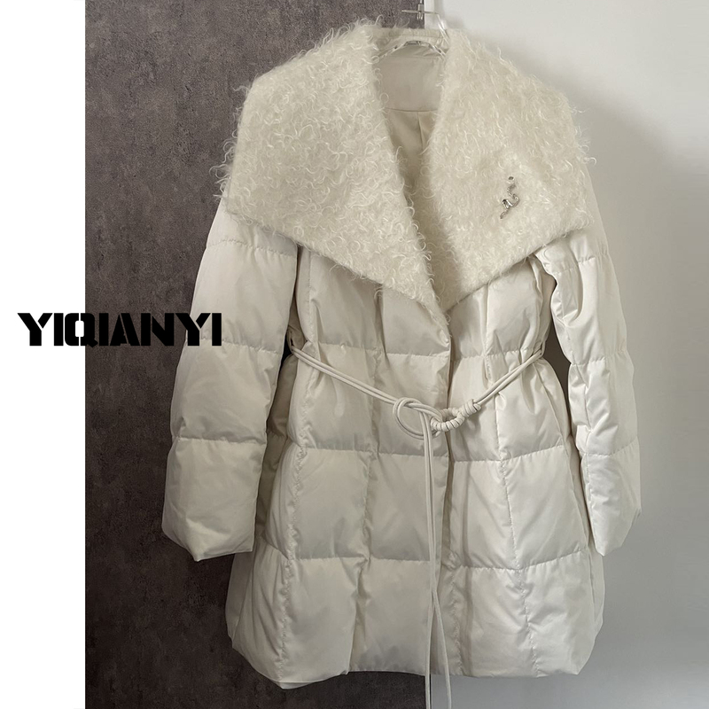 European-Style Double-Sided Cashmere Spliced Goose down Coat for Women, Winter High-End Feel, Elegant Tie-Up Design, Large Lapel down Jacket, Wool Coat