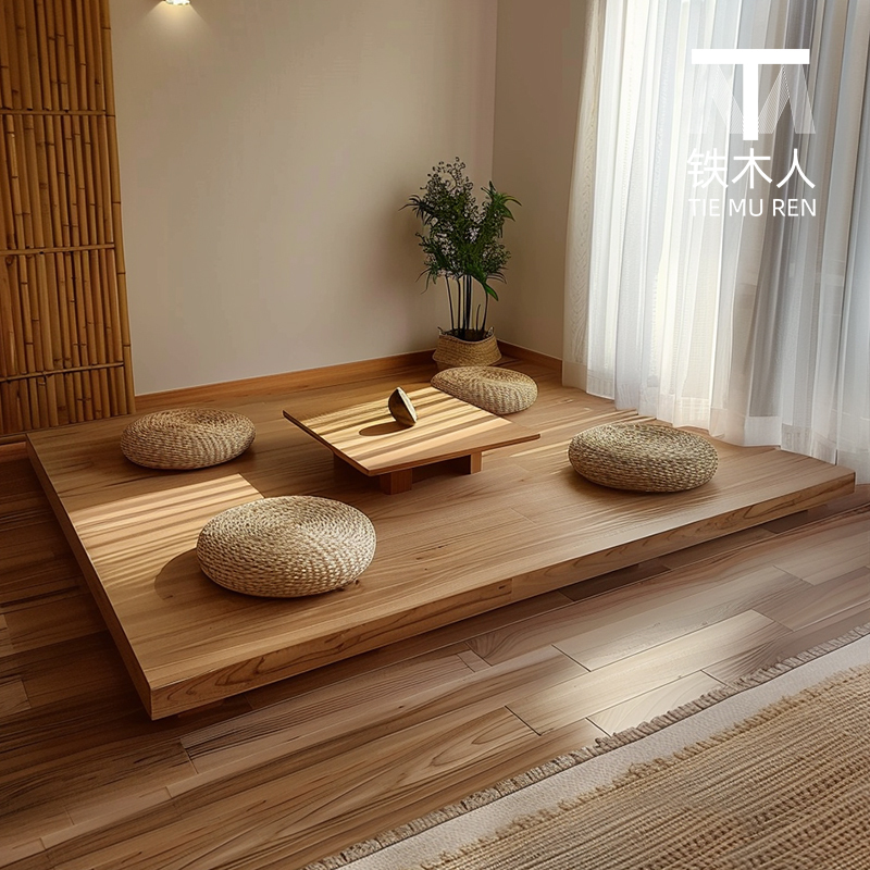 Solid Wood Tatami Floor Living Room Low Bed Bedroom 1.95m Japanese-Style Log Bed with Anti-Collision Design Solid Wood Tatami Floor Living Room Low Bed Bedroom 1.95m Japanese-Style Log Bed with Anti-Collision Design