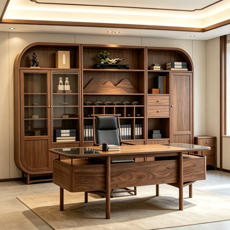Song-Style Aesthetics, Black Walnut Glass-Topped Desk, Distant Mountain Imagery, Duobaogu Executive Office, Solid Wood Fully Furnished Furniture