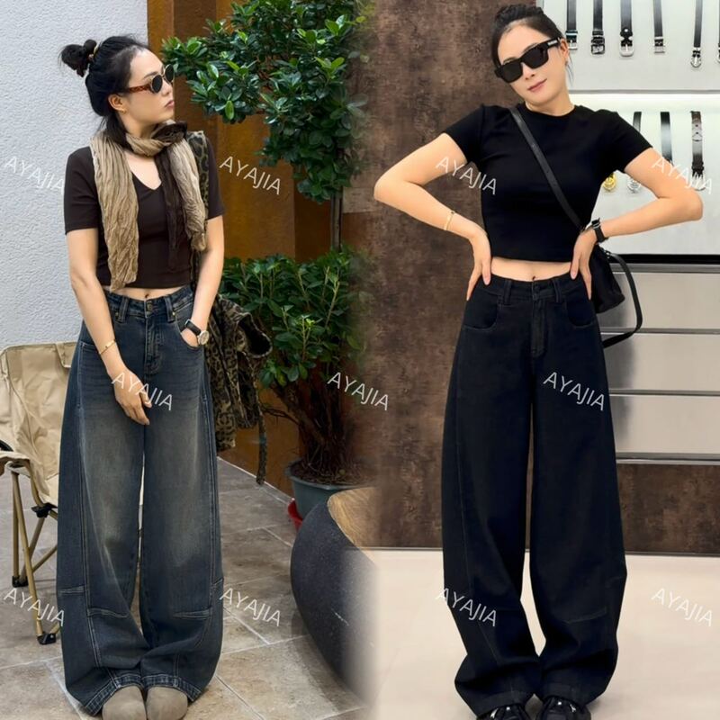 Ayajia-9116 Bullet Head Autumn New Korean Style Slimming Versatile Fashionable Scimitar Wide-Leg Jeans