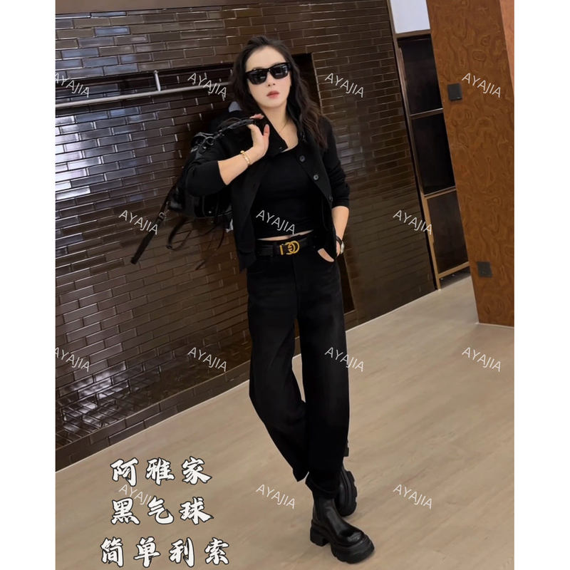 Ayajia-97F73 Black Balloon Autumn New Korean Style Slimming Versatile Fashionable Stylish Narrow Straight-Leg Jeans