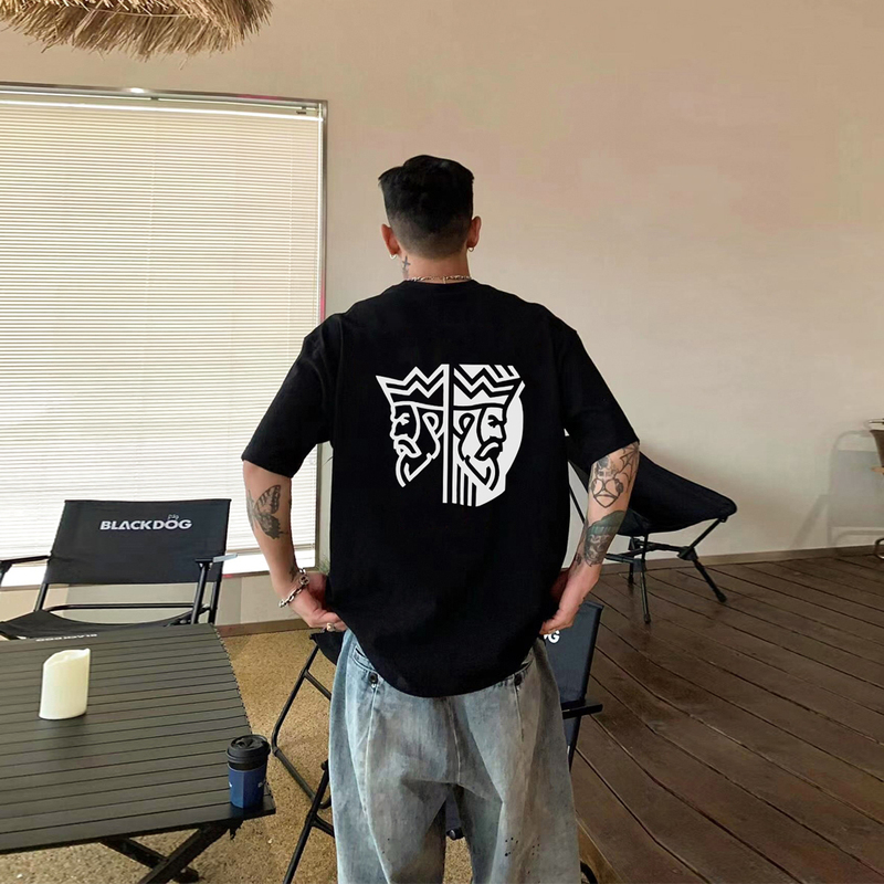 American-Style Trendy Brand Handsome King Head Print Short-Sleeve T-Shirt for Men ins Heavy Cotton Versatile Small Neckline Top for Summer
