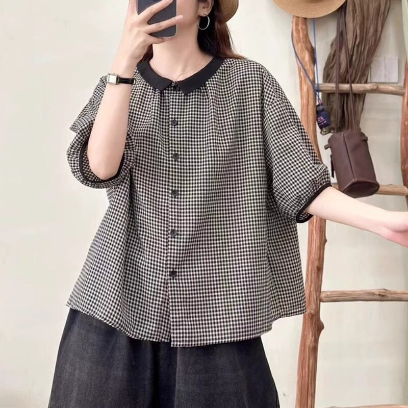 Japanese-Style Black and White Checkered Cotton-Linen Shirt for Women, Summer Loose Fit, Five-Quarter Sleeves, Turn-Down Collar, Babydoll Style, Elegant Linen Short Shirt, Thin