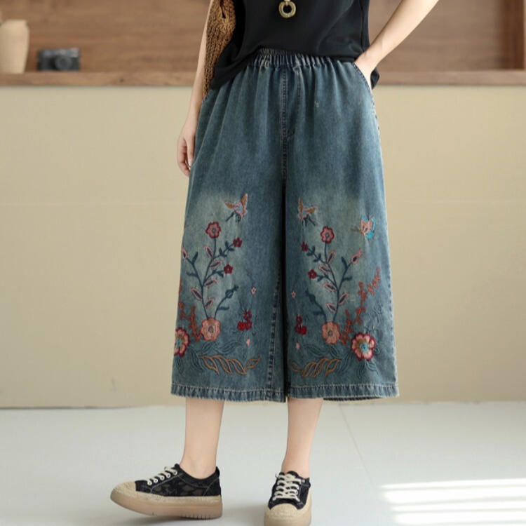 Ethnic Style Heavy Embroidery Denim Wide-Leg Pants for Women, Summer Drapey Slimming Cropped Pants, Vintage Blue Cotton Casual Pants