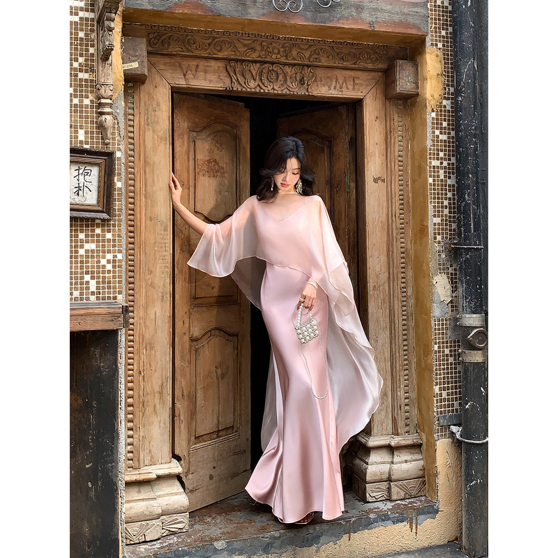 Liu Zhixian【Pink Gauze Date】Pink Misty Sheer Blouse with Spaghetti Strap Dress, Flowing Vacation Beach Dress, Formal Dress