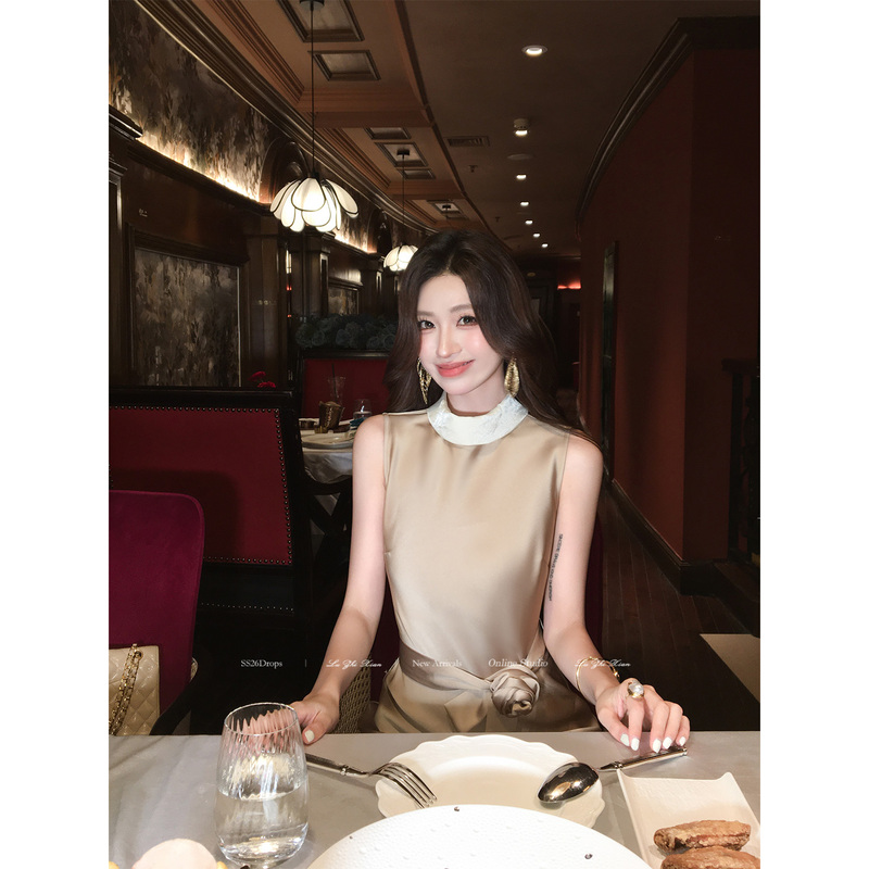 Liu Zhixian [Floating Gold] French-Style Design Gold Satin Waist-Cinching Dress Banquet Light Formal Dress for Women