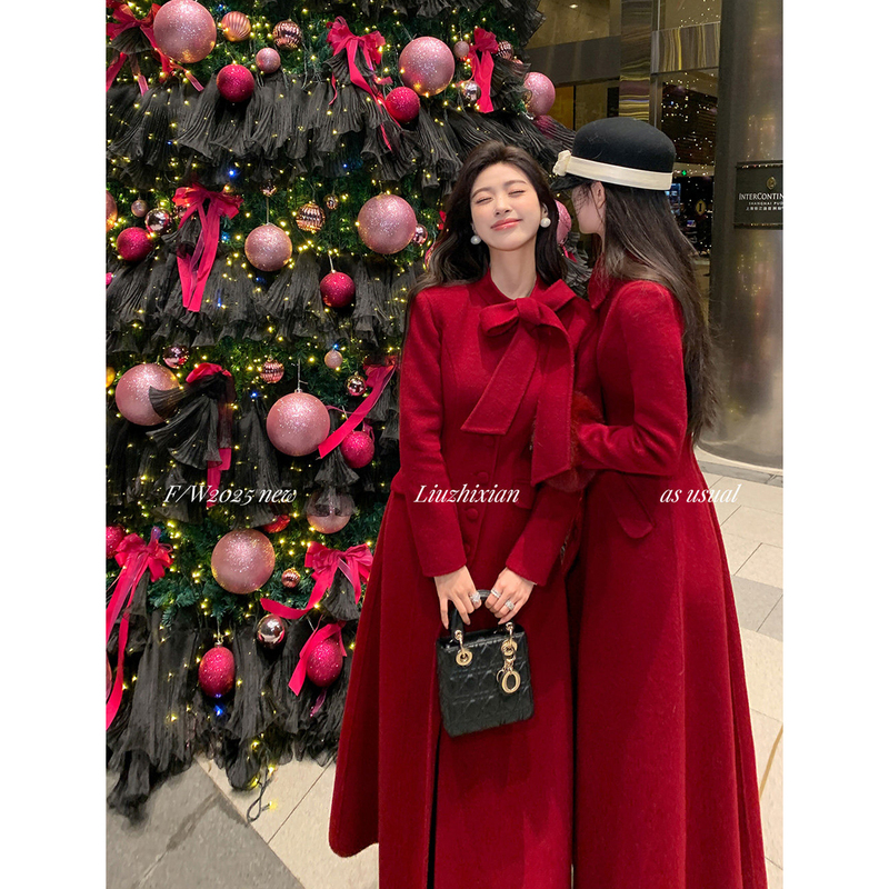 Liu Zhixian [City Lover] New Year's Outfit Double-Sided Wool Coat Women's New Year's Outfit Burgundy Wool Coat