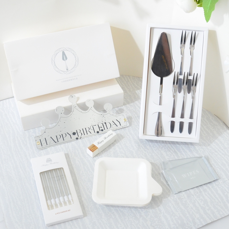 Birthday Cake Stainless Steel Cutlery Set Rectangular Gift Box Birthday Gift Knife Fork Hat Plate Candle Seven-Piece Set