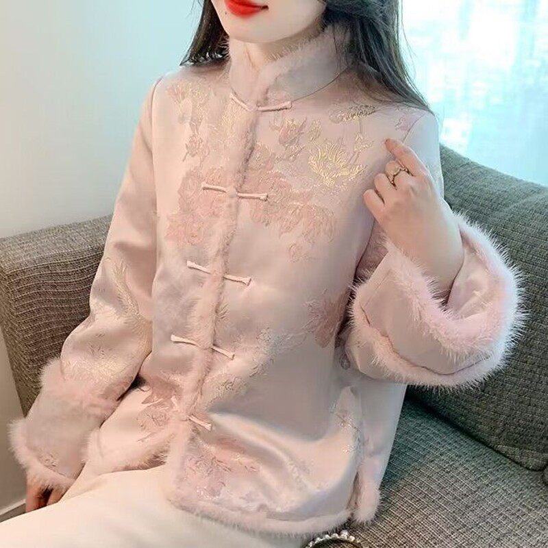 New Chinese style disc buckle Down with cotton clothing Autumn Winter Wind Embroidery Improved Qipao Blouse Blouse Blouse Autumn Winter Coat Tide-Taobao
