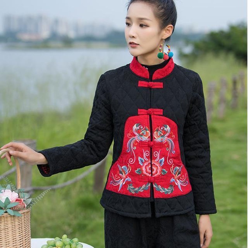 2023 years winter ethnic wind embroidered cotton clothes jacket women's disc buckle upright collar jacquard embroidery short cotton clothes blouses-Taobao