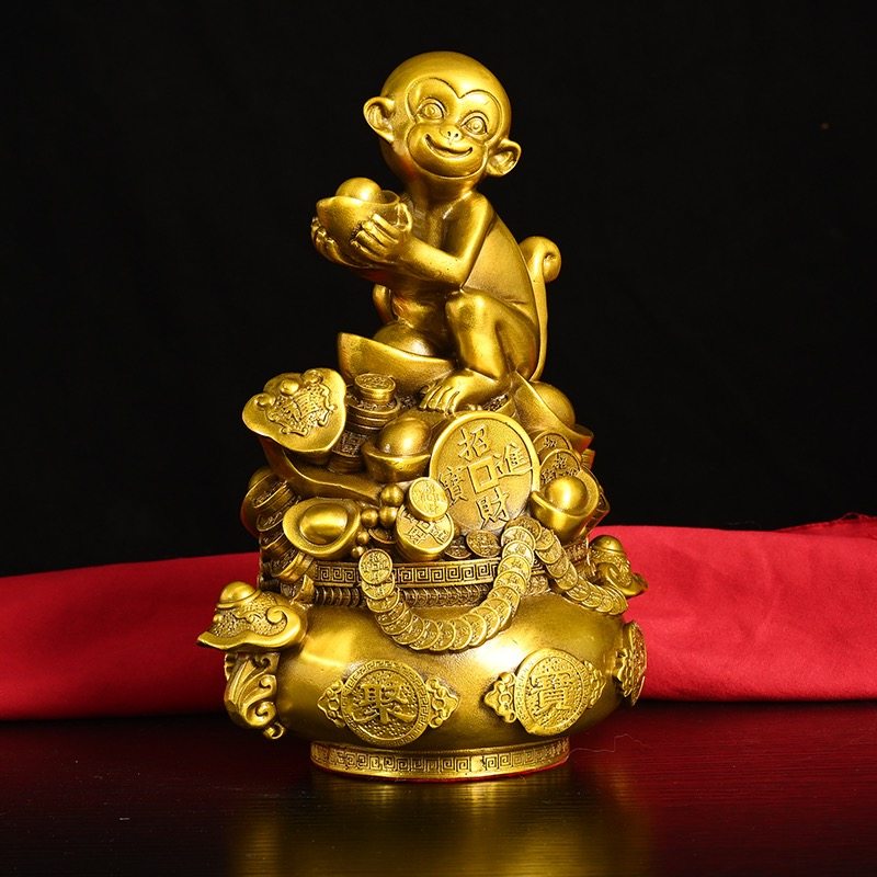 純銅製の猿の置物、宝物を捧げるブロンズ製の金色の猿、縁起の良い猿、リビングルーム/オフィスのデスクトップ装飾、ギフト、十二支の猿が宝物を集める。