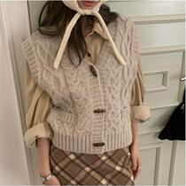 2024 Spring French Retro Twist Soft Waxy Horn Button V-neck Knitted Cardigan Sleeveless Vest Vest for Women