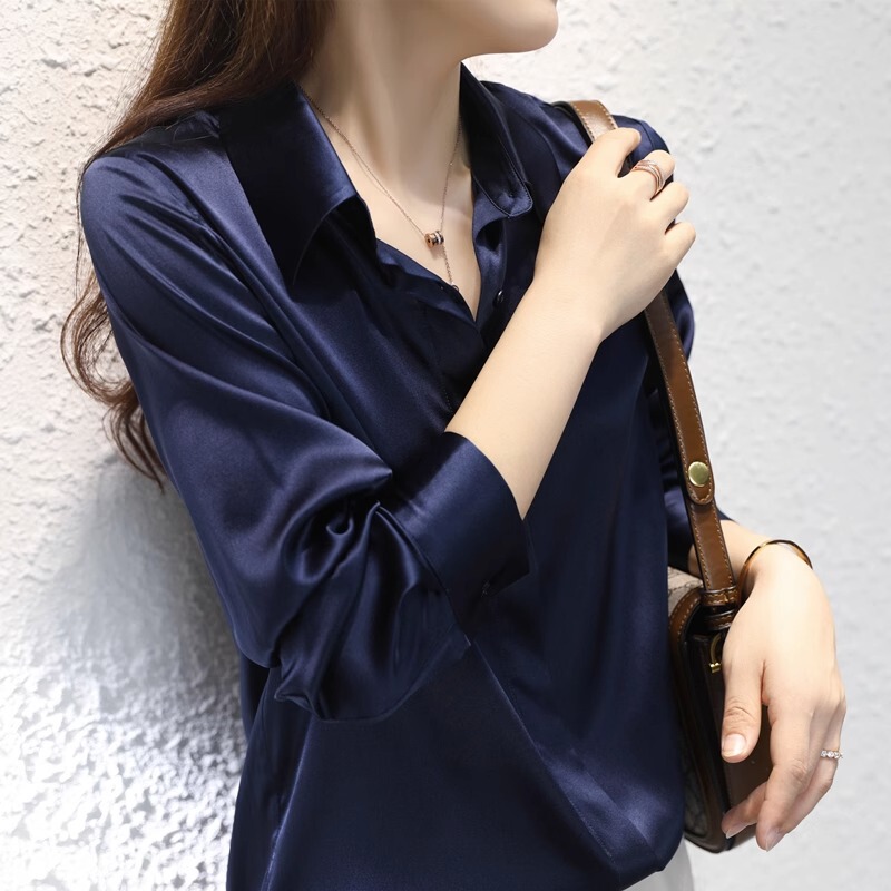 Silk Blue Shirt for Women, Satin 2025 Spring and Autumn New Style, Long-Sleeved, High-End, Elegant, Mulberry Silk, Premium Feel Top Silk Blue Shirt for Women, Satin 2025 Spring and Autumn New Style, Long-Sleeved, High-End, Elegant, Mulberry Silk, Premium Feel Top