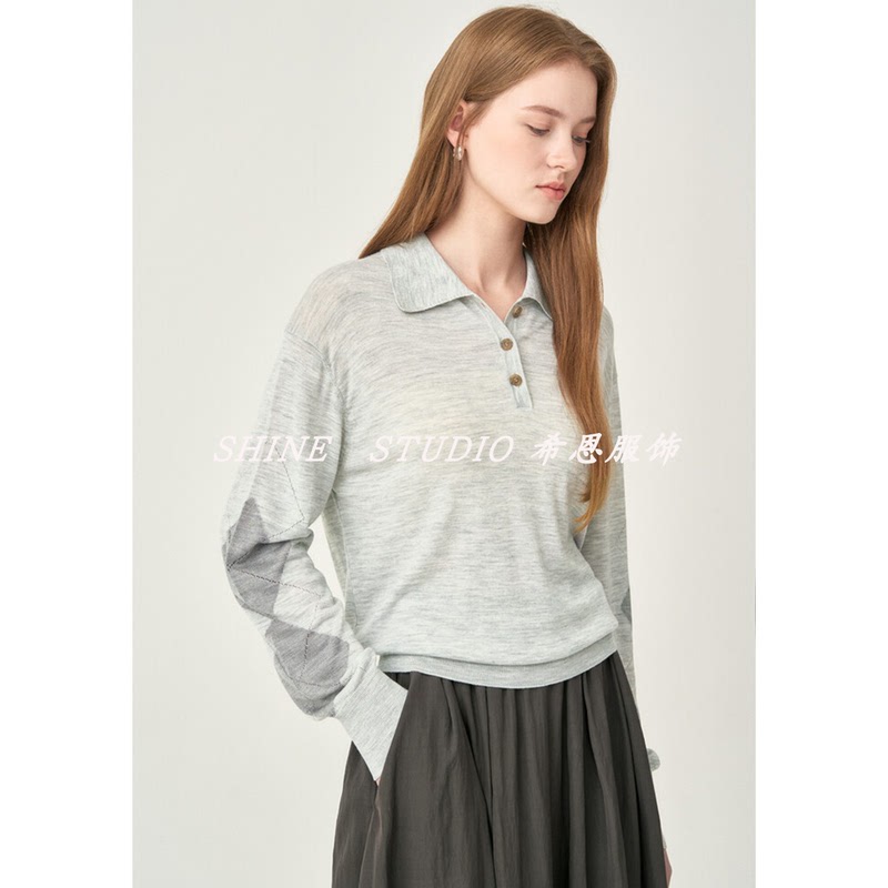 Korean Style Cash~ Classic Polo Shirt, Versatile and Elegant, Retro Color-Blocking, Fashionable Knitted Long-Sleeve Sweatshirt for Women Kto208W