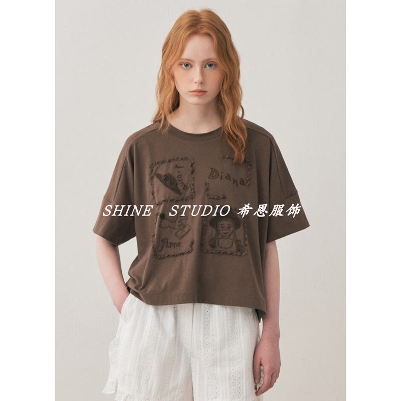 Korean Style O-Ko~ Heavy Embroidery Cotton T-Shirt, Thin Raglan Sleeve Top, Casual Cartoon Short-Sleeve Shirt for Women Tto977W