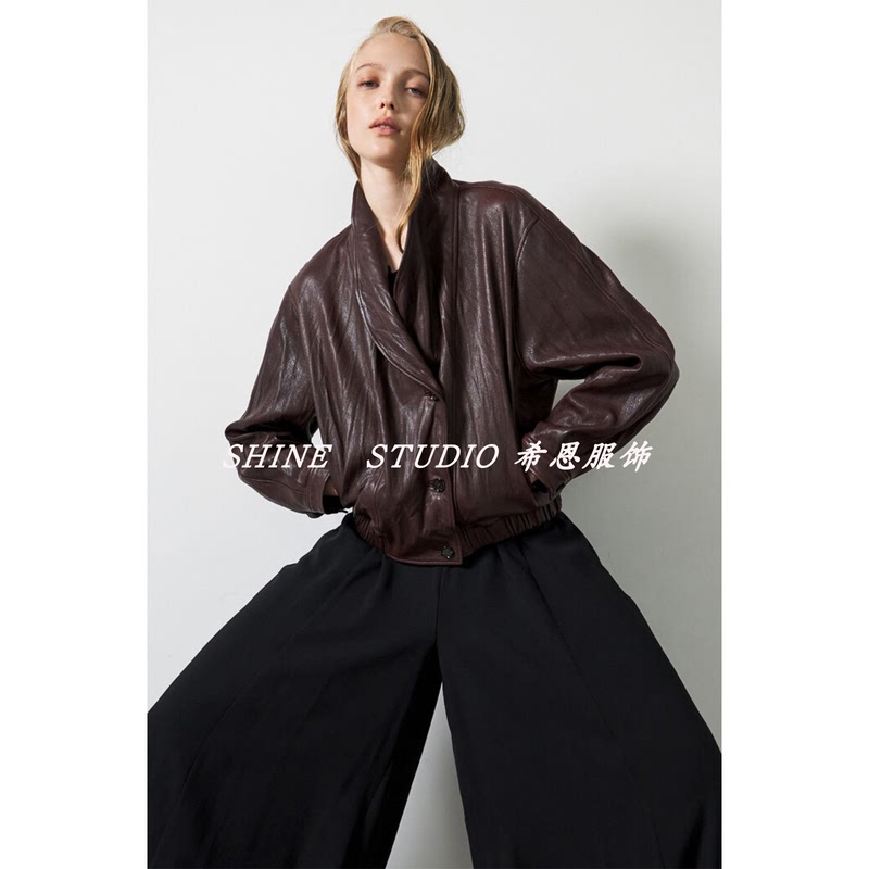 Korean Style Lan~ Deep Red Pu Leather Jacket Short Biker Jacket Women's Autumn Loose Casual Top Lot825W