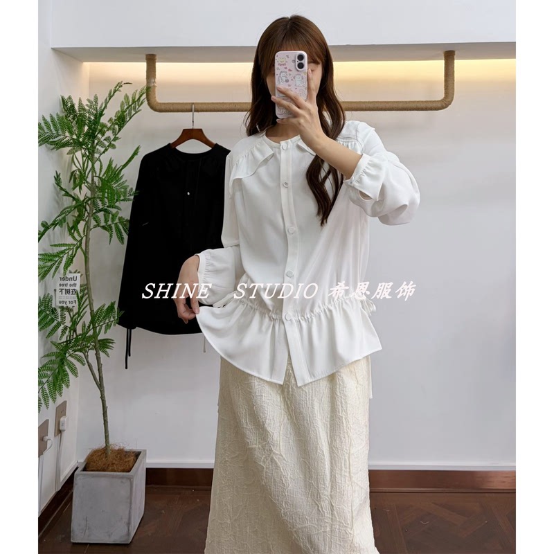 Korean Single Lucky~ Drawstring Waist Shirt for Women with Ruffled Edges, Loose Solid Color Cardigan, Thin Long-Sleeve Lfsam26300