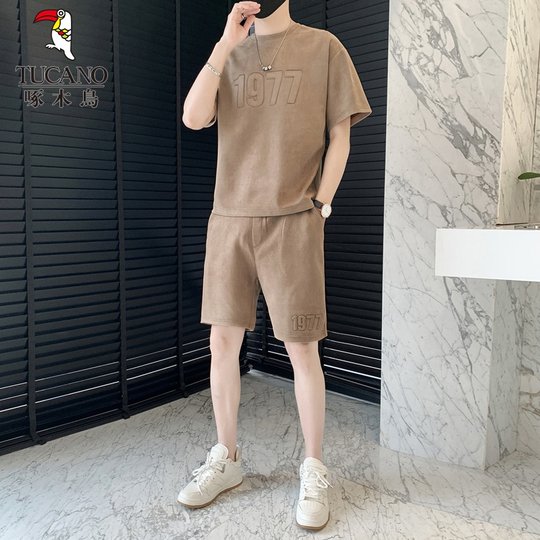 Woodpecker Ice Silk Sports Suit Men's Short-Sleeve T-Shirt 2025 Summer New Style with Casual Shorts Set