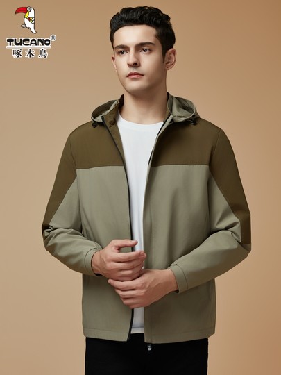 啄木鸟夹克男士秋季潮流时尚拼接休闲茄克连帽防风宽松运动外套男