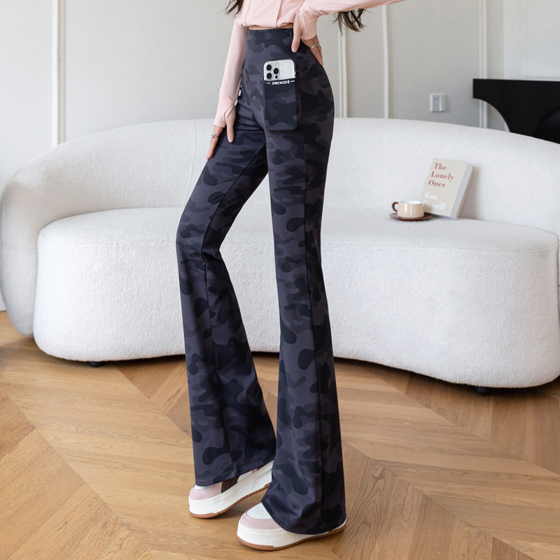 Uk Dhwa Camouflage Double-Pocket Flared Shark Pants for Women, Spring/Summer Thin High-Waisted Tummy Control Slimming Yoga Leggings Uk Dhwa Camouflage Double-Pocket Flared Shark Pants for Women, Spring/Summer Thin High-Waisted Tummy Control Slimming Yoga Leggings