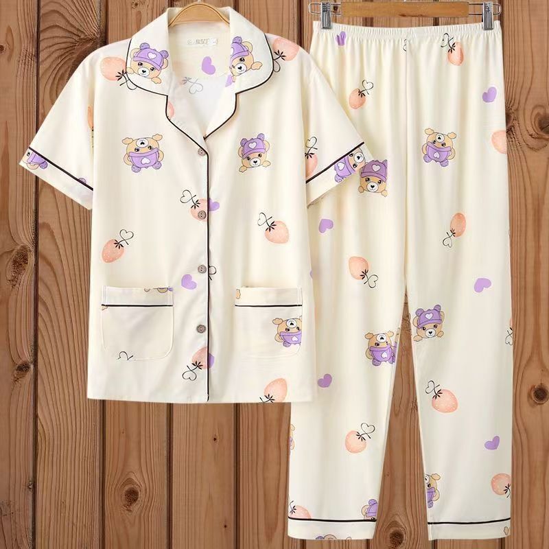 40-120kg Women's Summer Pajamas Set: Pure Cotton Short-Sleeve Top and Long Pants for Plus Size, Cardigan with Buttons, Loungewear, Maternity Wear 40-120kg Women's Summer Pajamas Set: Pure Cotton Short-Sleeve Top and Long Pants for Plus Size, Cardigan with Buttons, Loungewear, Maternity Wear