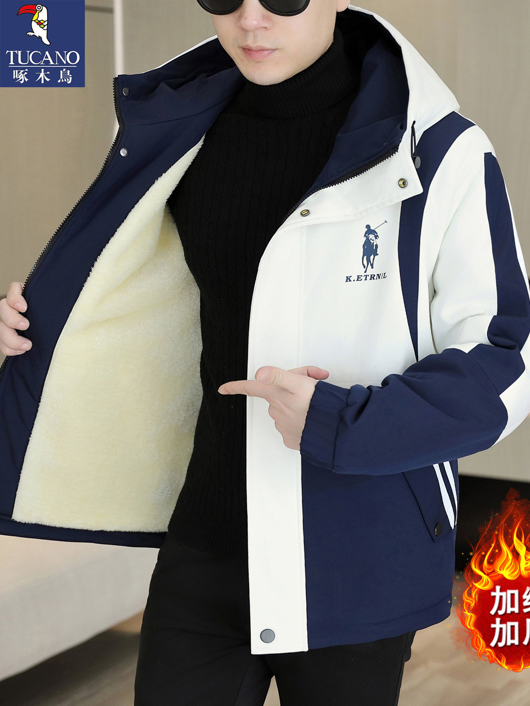 Woodpecker Men's Jacket 2025 New Men's Workwear Hooded Fleece Jacket Windbreaker Winter Thickened Cotton Coat