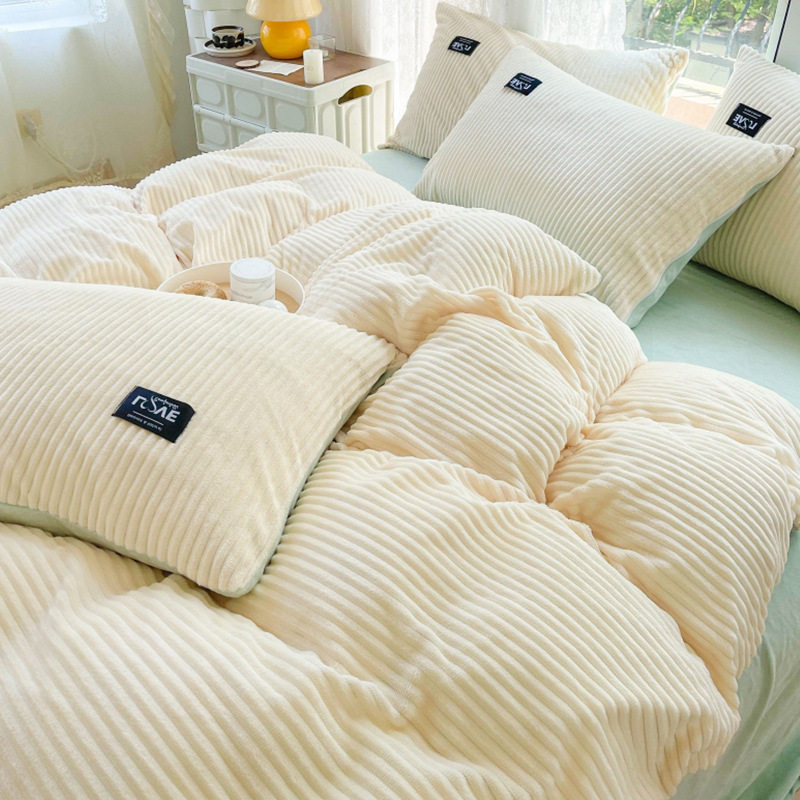 Category A Milk Magic Suede Four Pieces Of Winter Warm Thickened Double Face Pure Color Quilt Cover Coral Suede Bed Bamboo three sets-Taobao